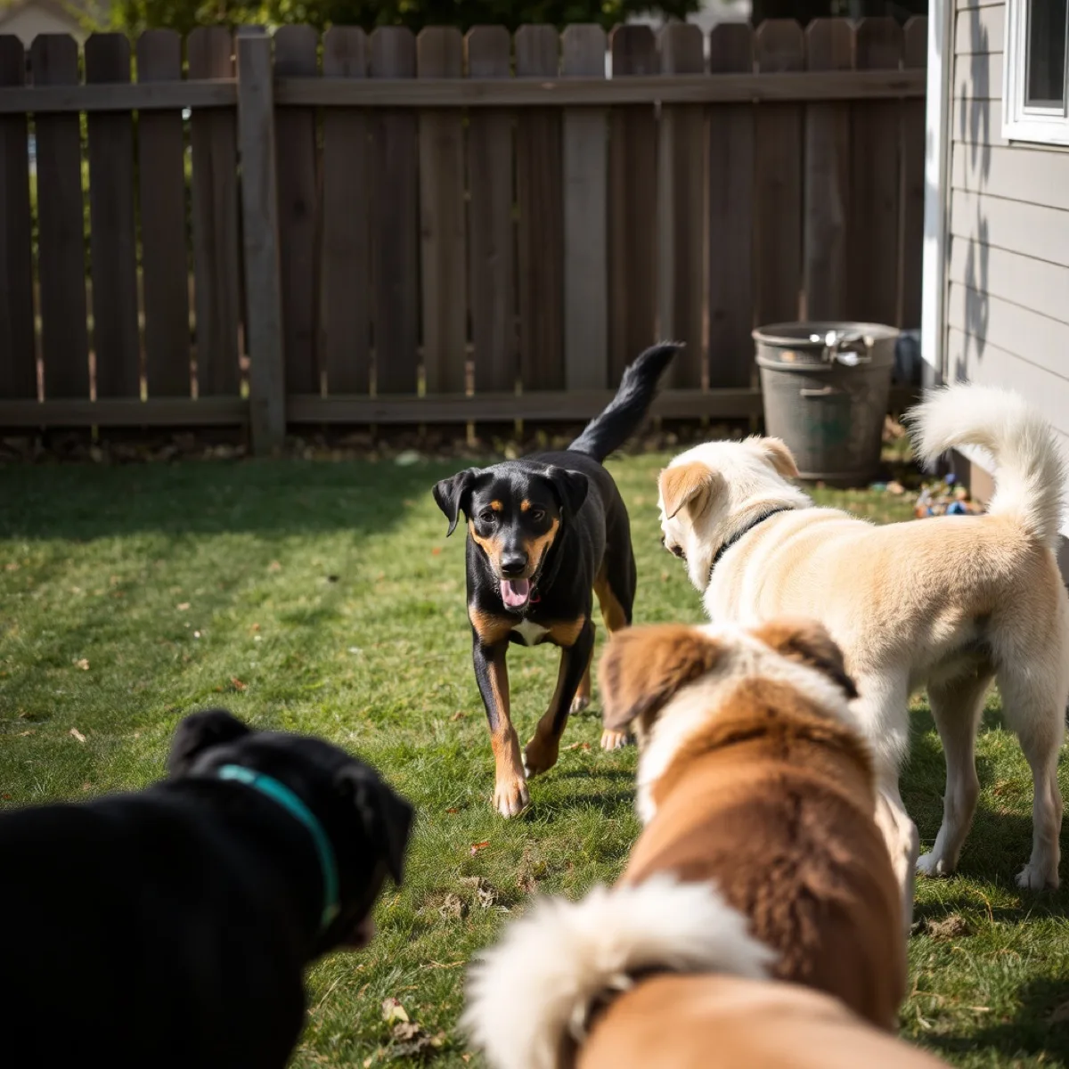 Dogs playing in a clean, freshly scooped backyard